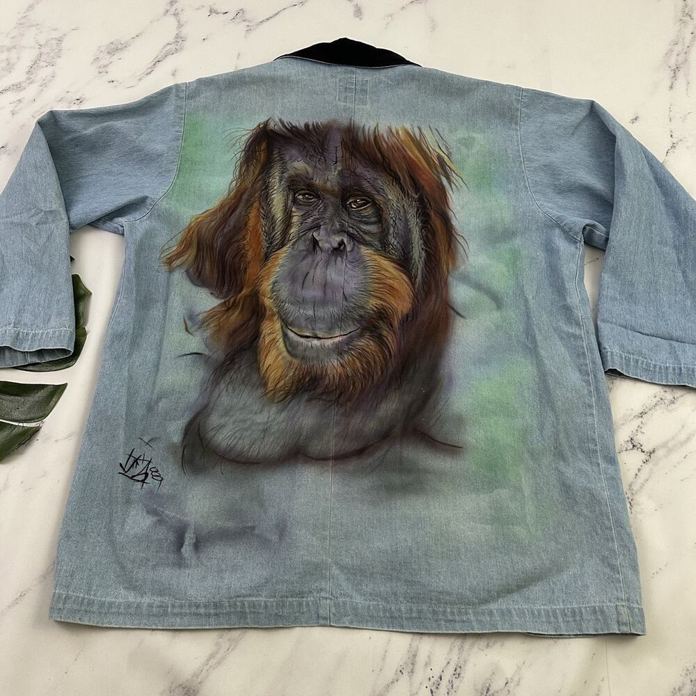 Sun Belt Denim Womens Vintage 90s Jean Blazer Jacket Size L Air Brush Orangutan